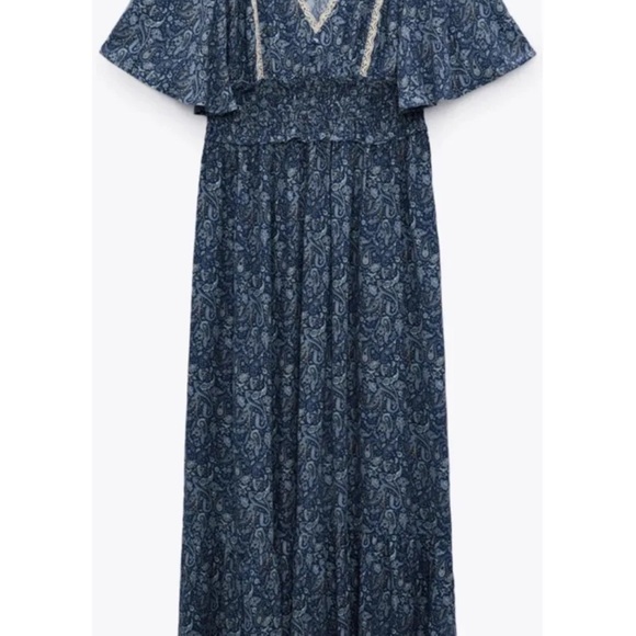 Zara Floral-Print Flutter-Sleeve Smocked-Waist Ruffled Midi Dress Small - Picture 7 of 9